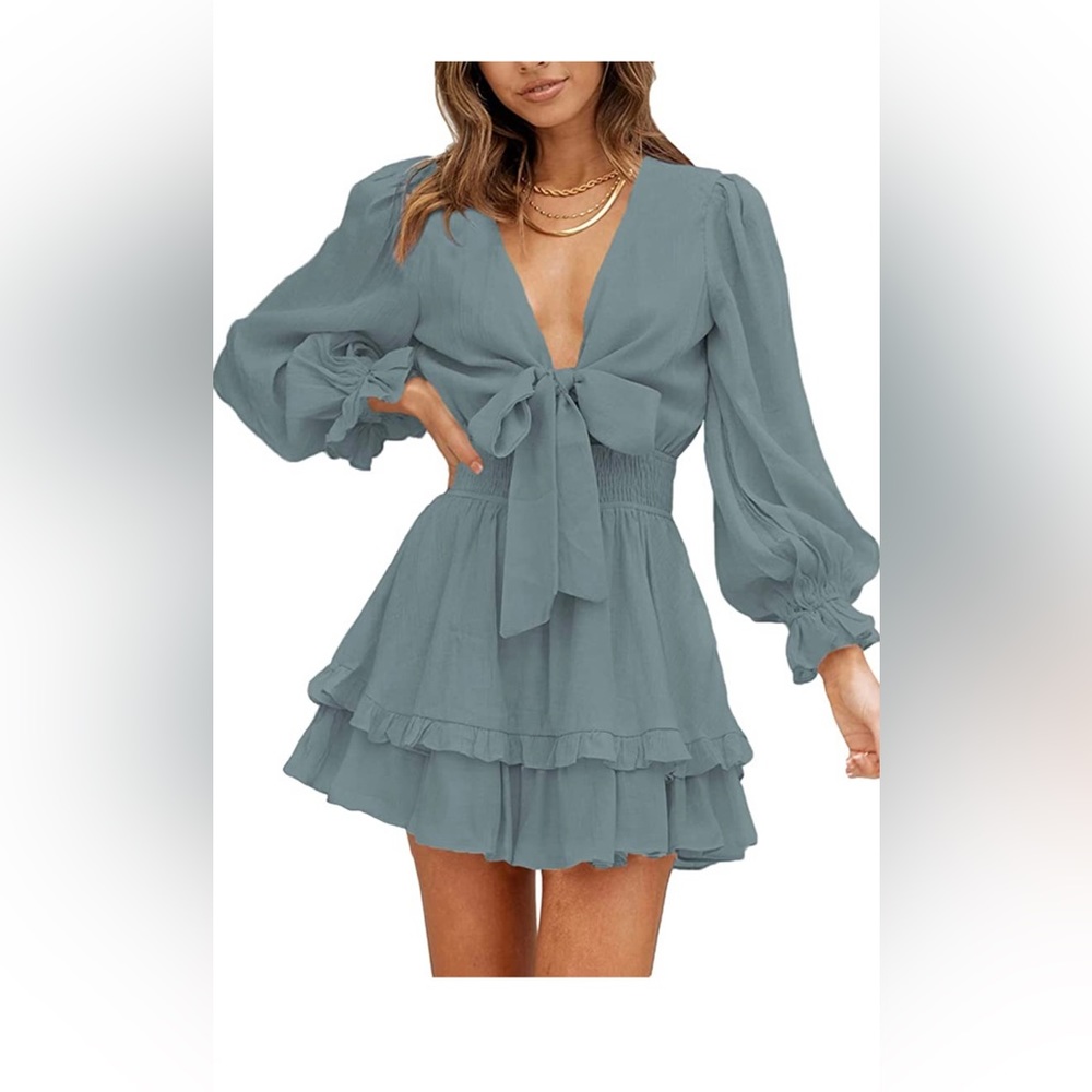 Womens Spring Summer Knot Front V Neck Ruffles Long Sleeve Swing Mini Dress